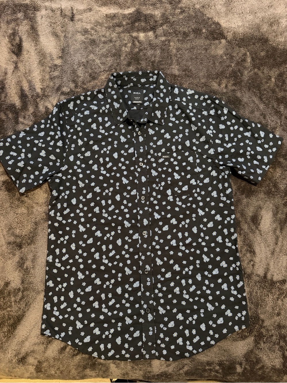 RVCA Black Short-Sleeve Button-Down Shirt with Light Blue Floral Pattern
